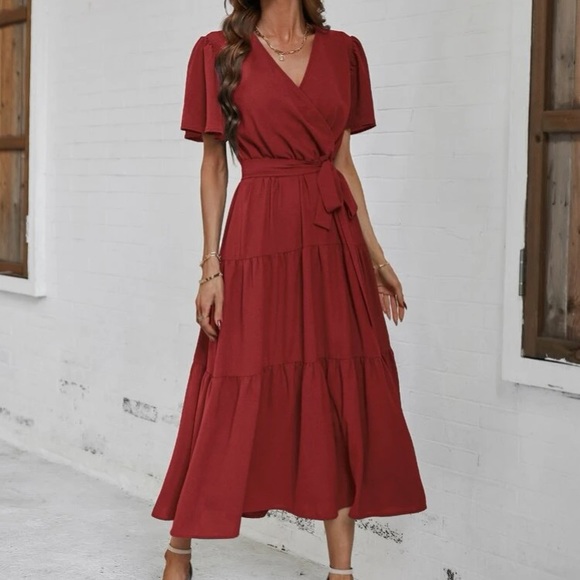 Boho butterfly sleeve ruffle hem belted dress - Picture 10 of 16